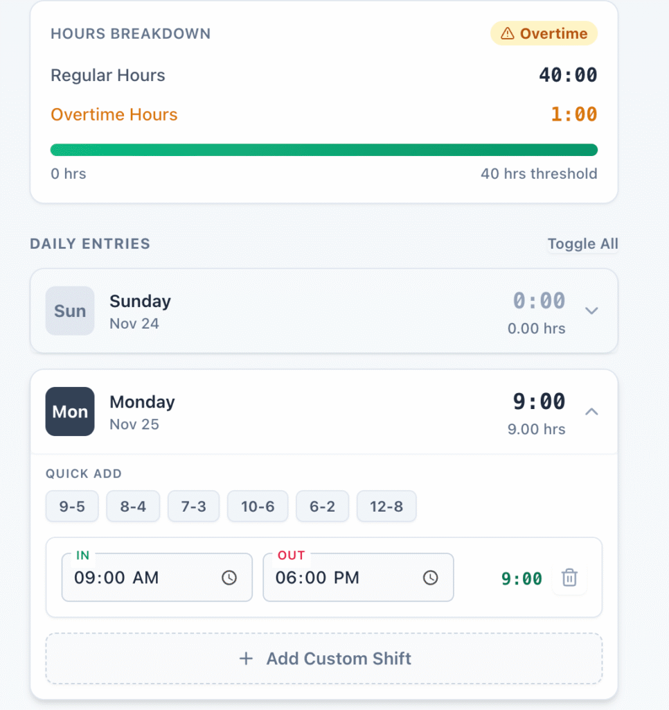 Work Hours Time Card Calculator